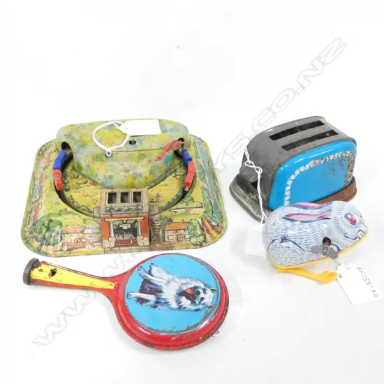 4 OLD TINPLATE TOYS; TRAINS & PLANE / POP UP TOASTER / RATTLE (?) & HOPPING BUNNY